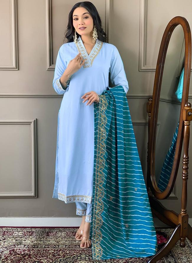 Viscose Silk Sky Blue Traditional Wear Sequins Work Readymade Straight Suit